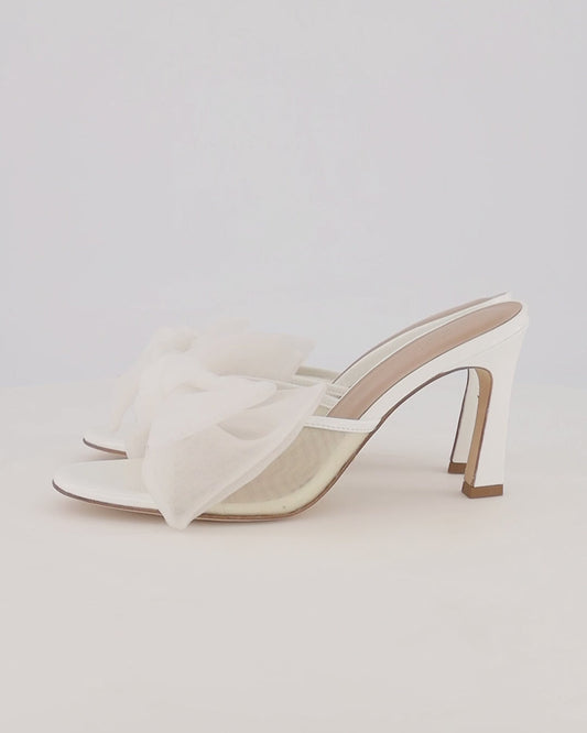 ATANA Bow Mule 85 in white patent with mesh bow