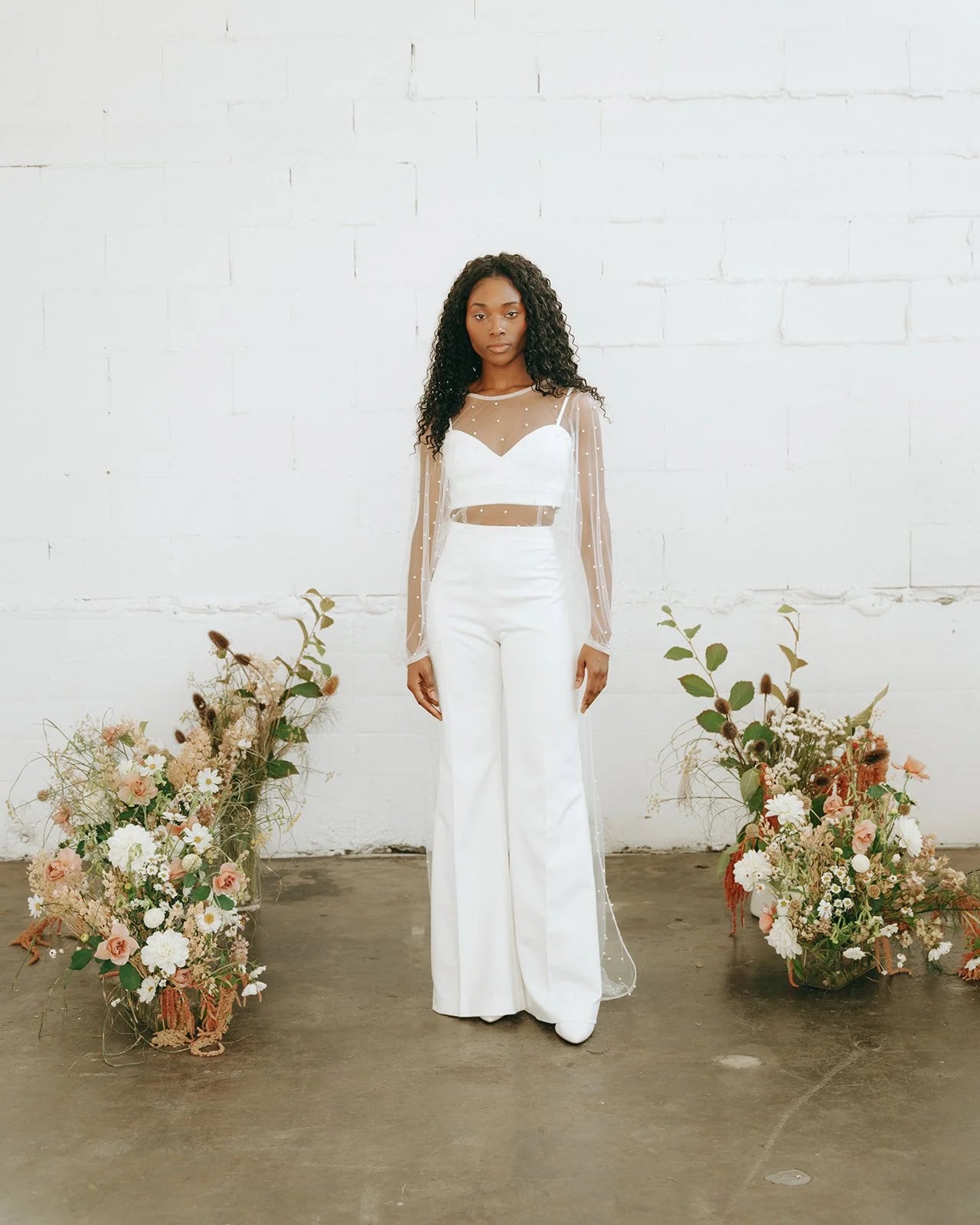 Coquette pearl tulle bridal top with back train