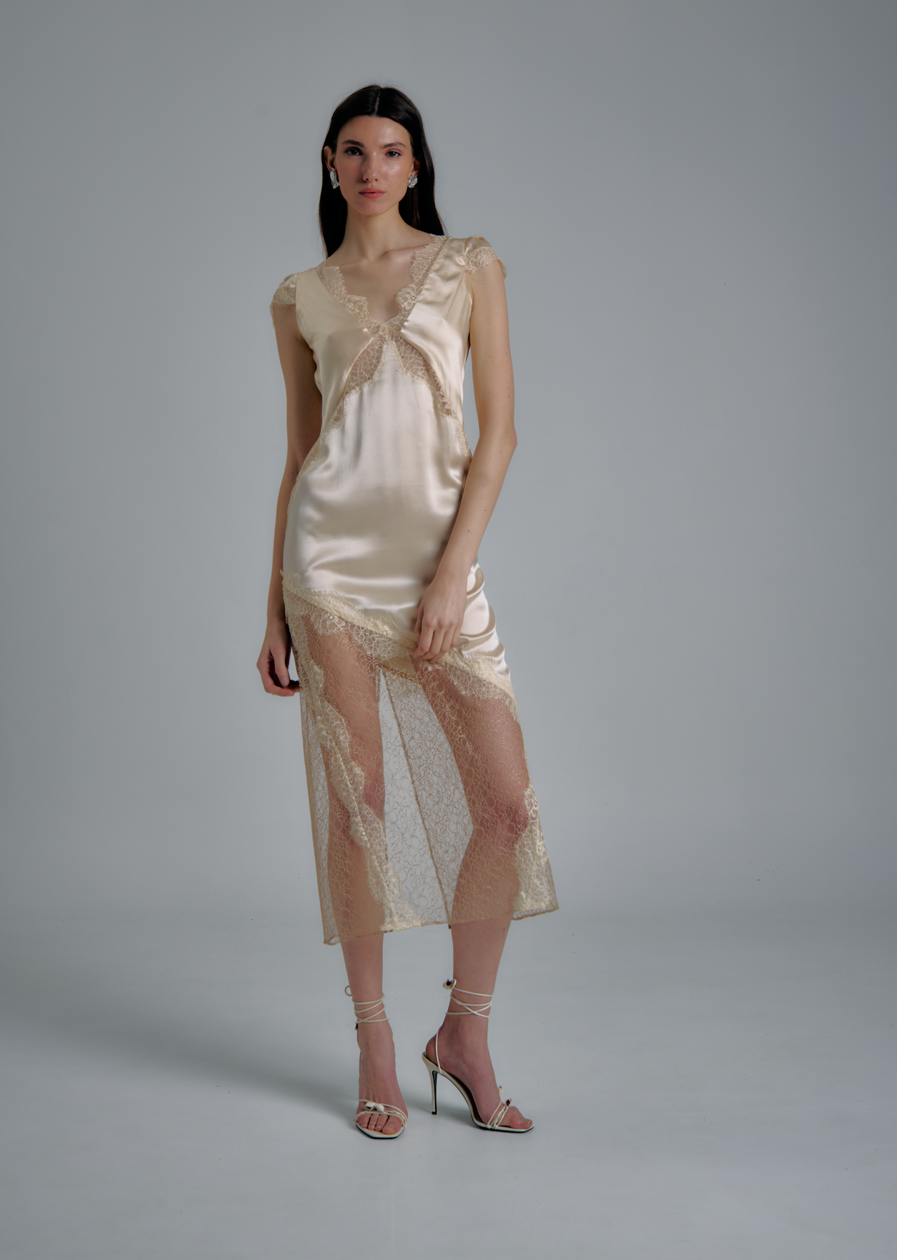 Ibiza champagne silk slip dress with Chantilly lace by Théoro
