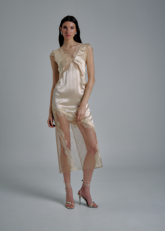 Ibiza champagne silk slip dress with Chantilly lace by Théoro