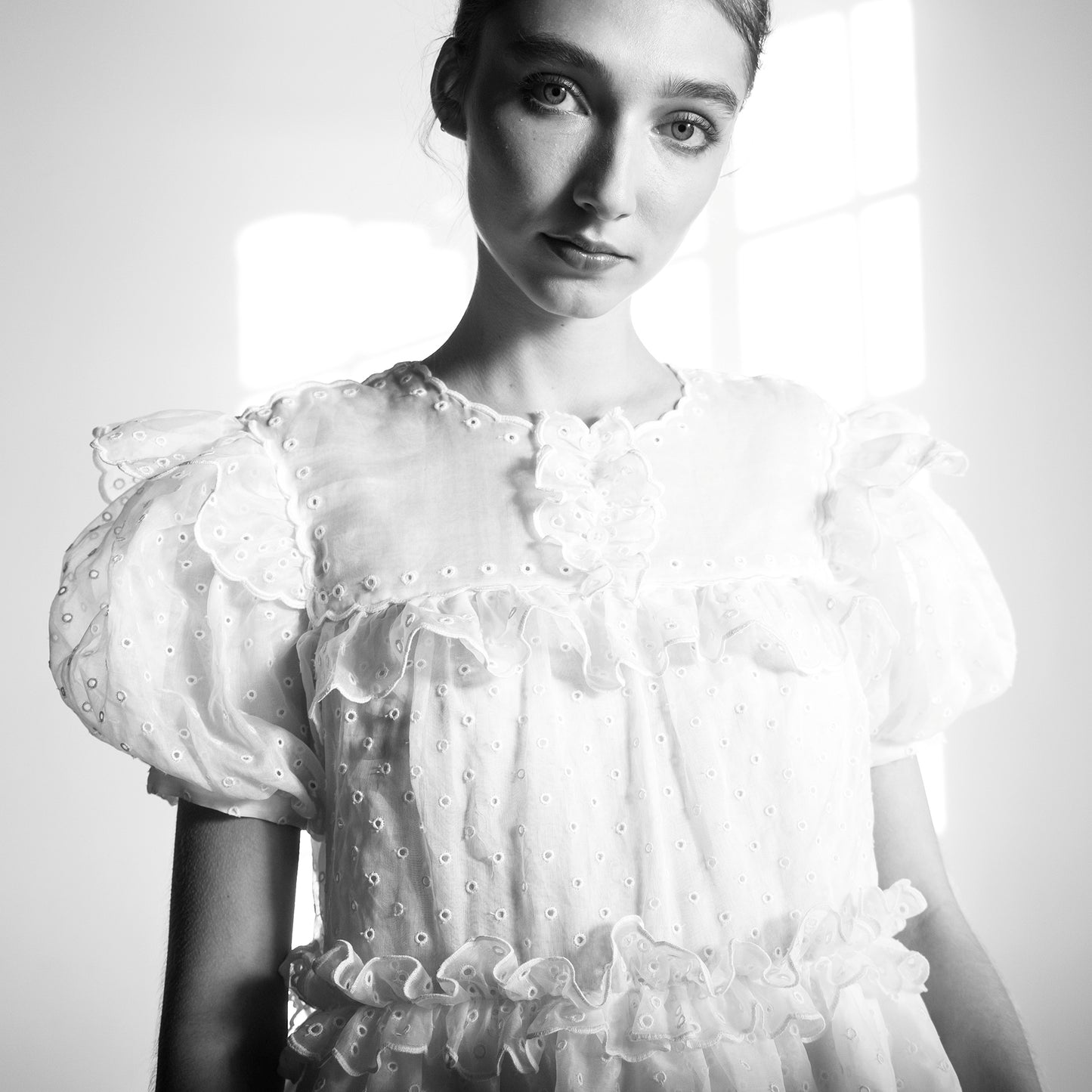 White San Gallo Organdy Layered Gown